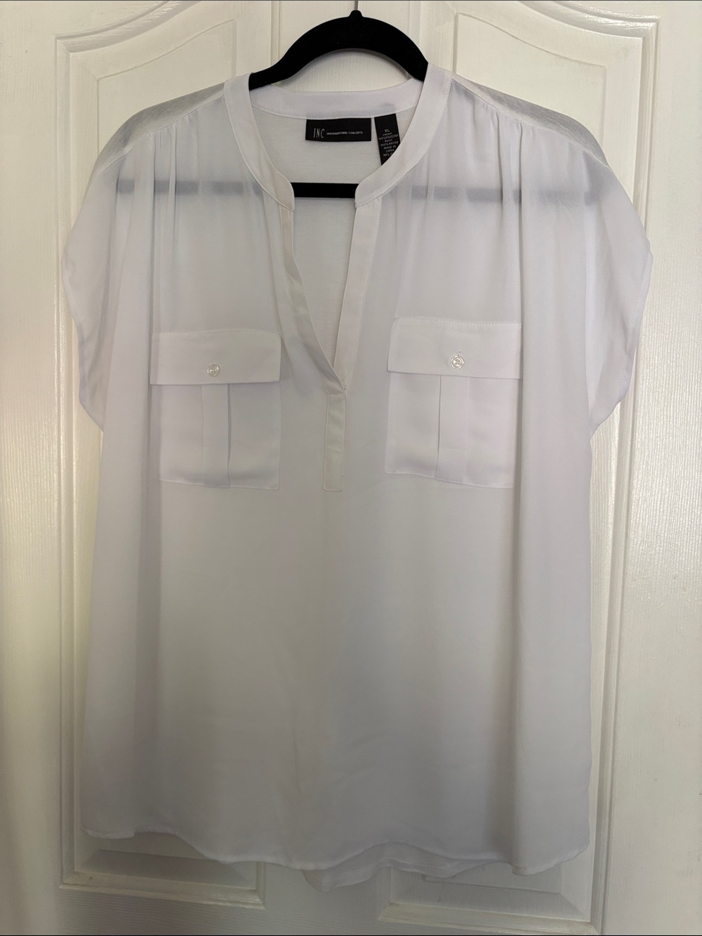 INC International Concepts White Split V-Neck Pocket Blouse